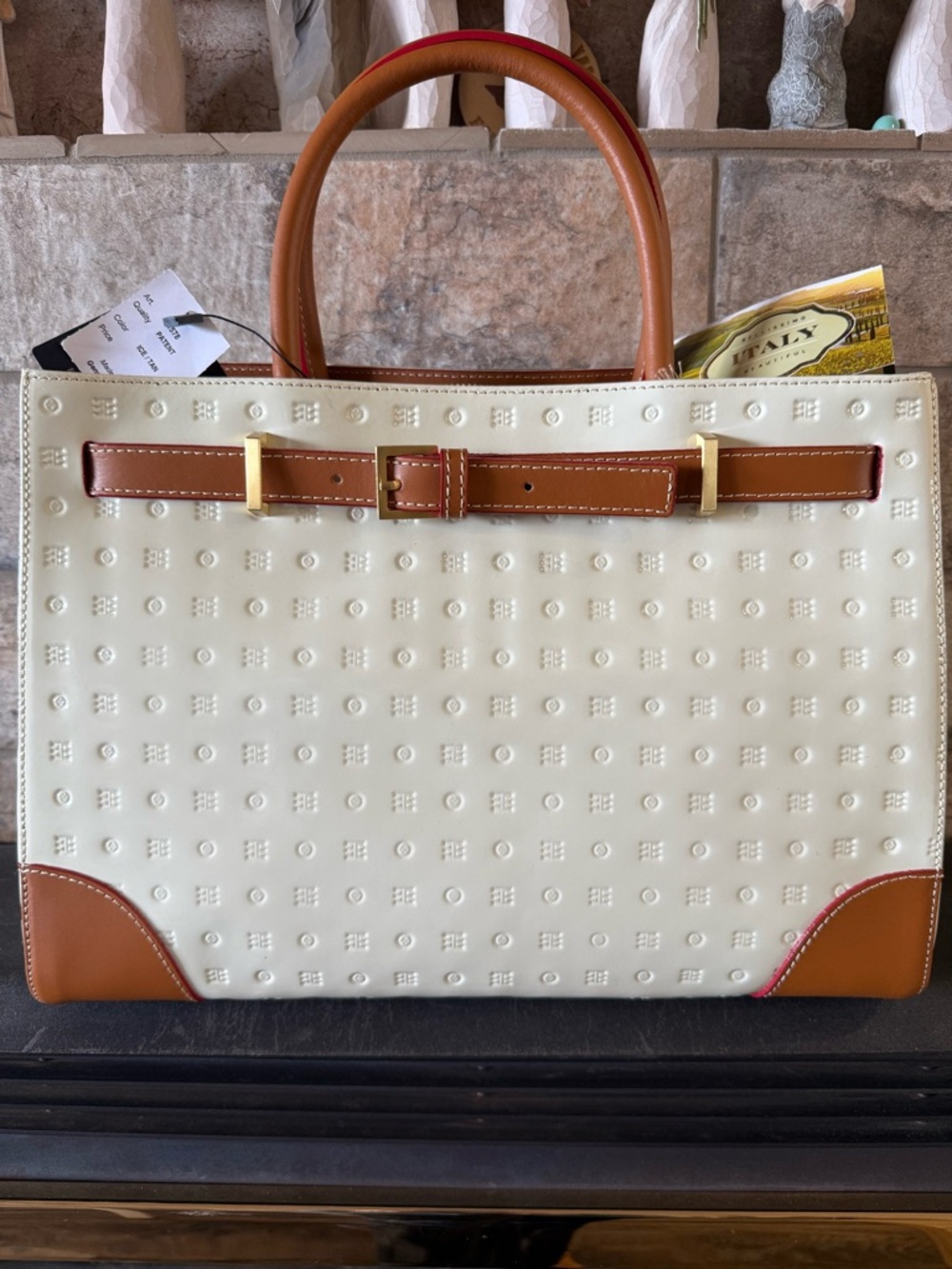 Arcadia Cream and Brown Structured Tote Bag with Gold Accents